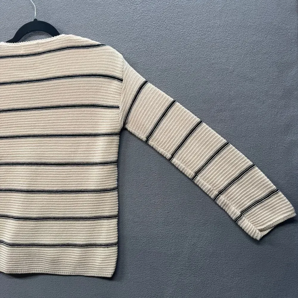 Evereve V Neck Pullover‎ Cotton Stripe Sweater Womens XS Cream Preppy Minimalist